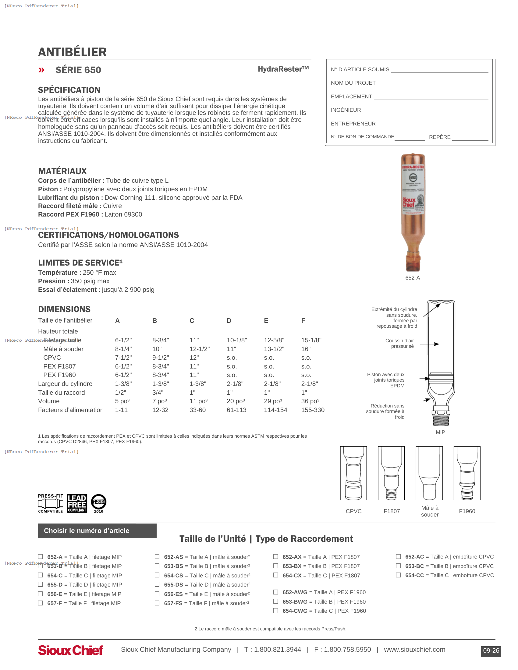 650 SERIES - HYDRARESTER ANTIBELIER - SPEC SHEET_FR.PDF Specification Document